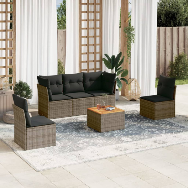 Set de muebles de jardín 6 pzas y cojines ratán sintético gris D