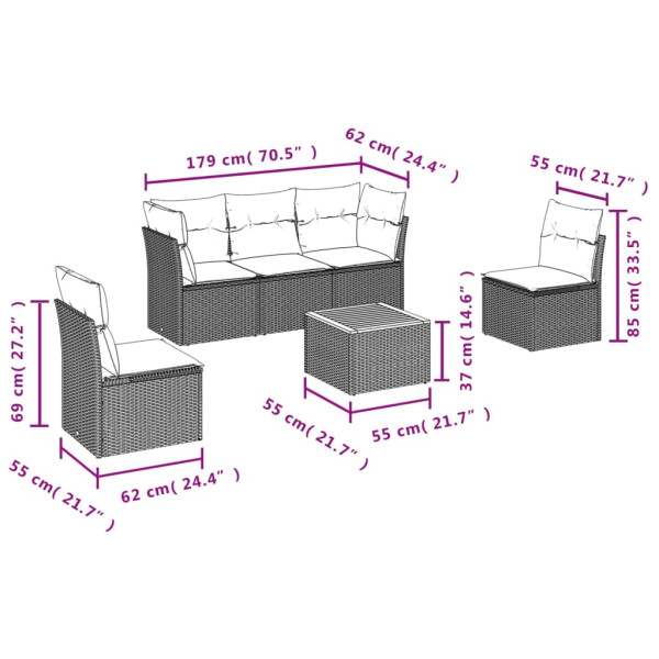 Set de muebles de jardín 6 pzas y cojines ratán sintético gris M 3