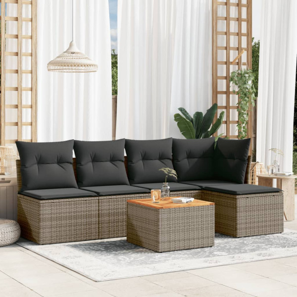 6 pcs conjunto sofás de jardim com almofadões vime cinzento D