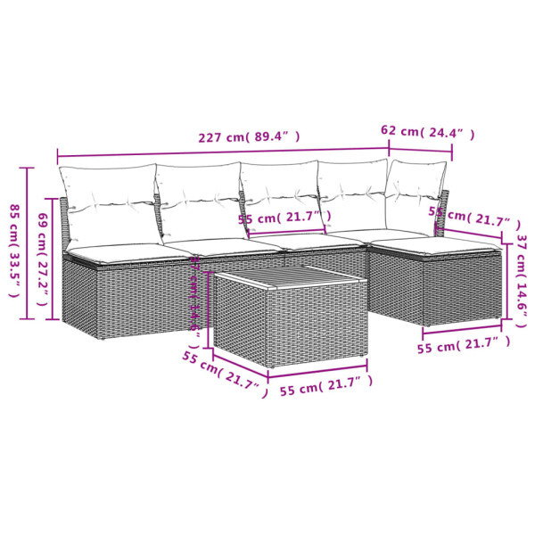 6 pcs conjunto sofás de jardim com almofadões vime cinzento M 3