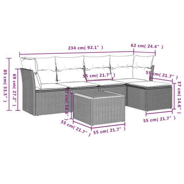 Set de muebles de jardín 6 pzas y cojines ratán sintético gris M 3