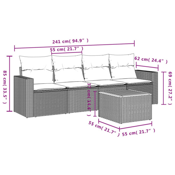 5 pcs conjunto sofás de jardim com almofadões vime PE preto M 3