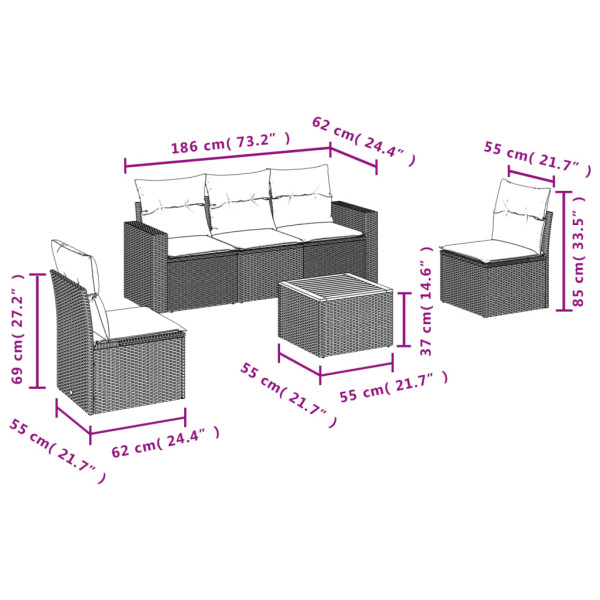 6 pcs conjunto sofás de jardim com almofadões vime cinzento M 3