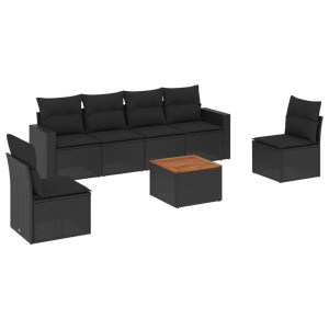 7 pcs conjunto de sofás p/ jardim c/ almofadões vime PE preto H