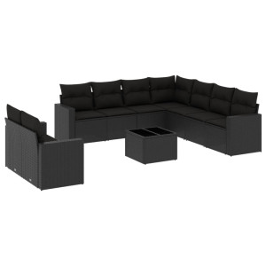 10 pcs conjunto sofás de jardim c/ almofadões vime PE preto H