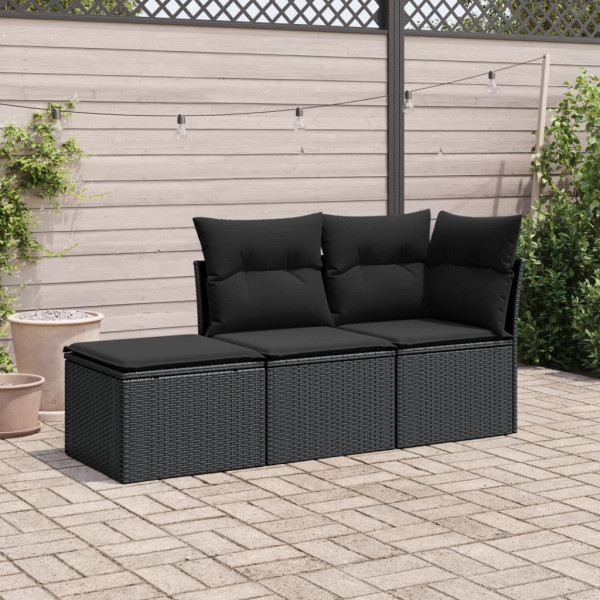 3 pcs conjunto sofás de jardim com almofadões vime PE preto D