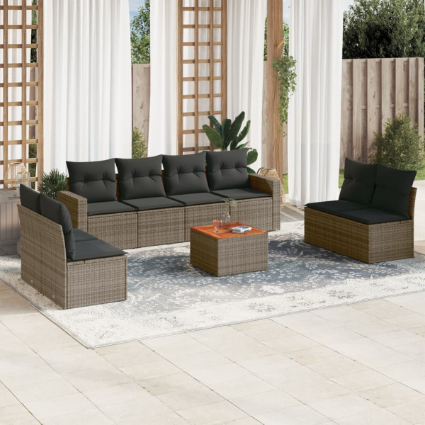 9 pcs conjunto sofás p/ jardim com almofadões vime PE cinzento D