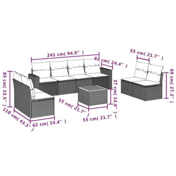 Set de muebles de jardín 9 pzas y cojines ratán sintético gris M 3