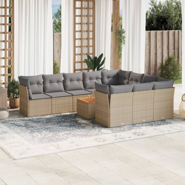 Set de sofás de jardín 11pzas con cojines ratán sintético beige D
