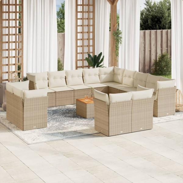 Set sofás de jardín 14 pzas con cojines ratán sintético beige D