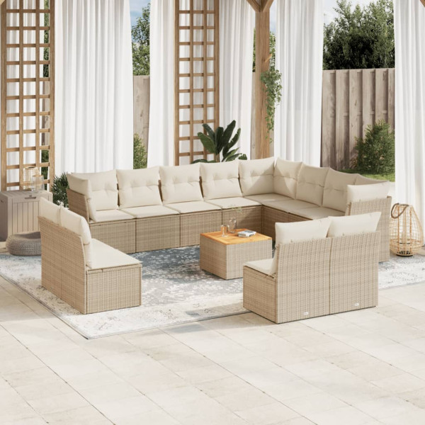 Set sofás de jardín con cojines 13 pzas ratán sintético beige D