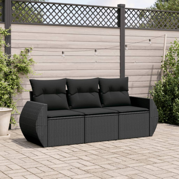 3 pcs conjunto sofás de jardim com almofadões vime PE preto D