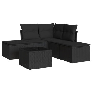 6 pcs conjunto sofás de jardim c/ almofadões vime PE preto H