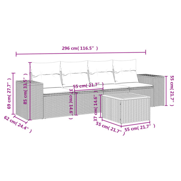5 pcs conjunto sofás de jardim com almofadões vime PE preto M 3