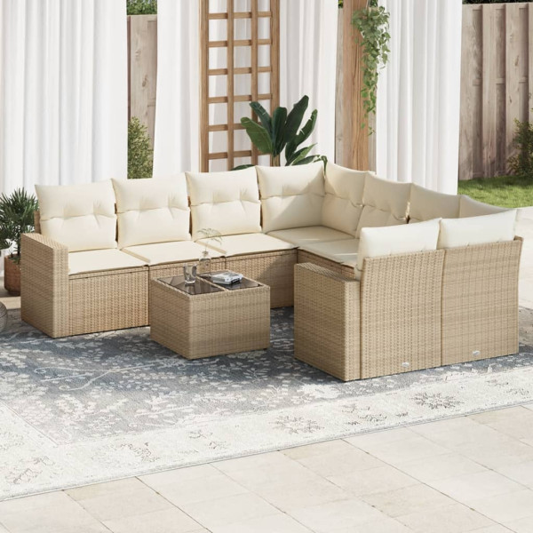 Set de sofás de jardín 9 pzas con cojines ratán sintético beige D