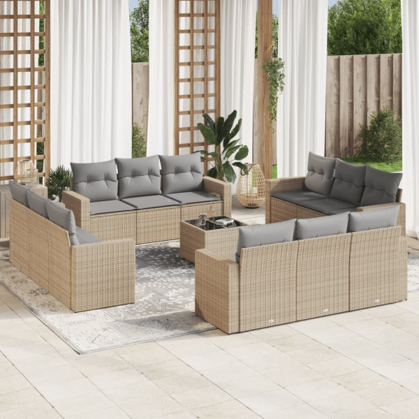 Set sofás de jardín con cojines 13 pzas ratán sintético beige D