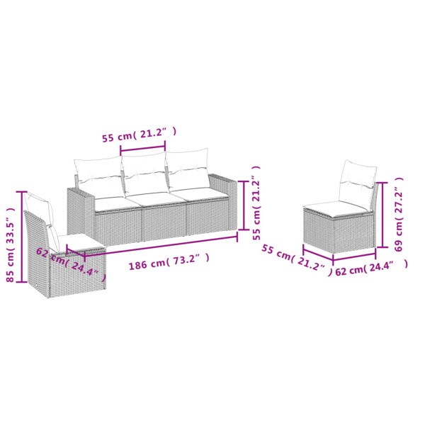Set de muebles de jardín 5 pzas y cojines ratán sintético negro M 3