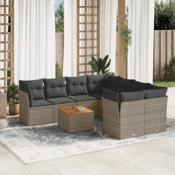 9 pcs conjunto sofás p/ jardim com almofadões vime PE cinzento D