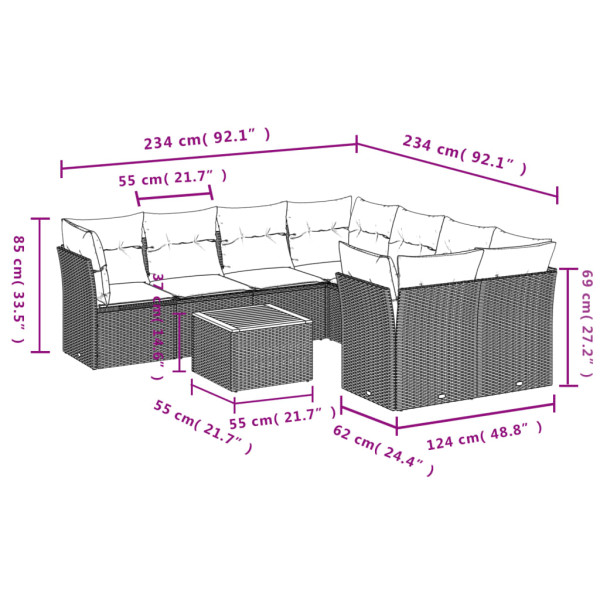 Set de muebles de jardín 9 pzas y cojines ratán sintético gris M 3