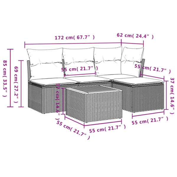 Set de muebles de jardín 5 pzas y cojines ratán sintético negro M 3