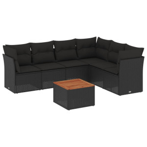 7 pcs conjunto de sofás p/ jardim c/ almofadões vime PE preto H