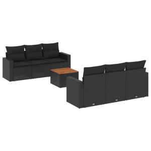 7 pcs conjunto de sofás p/ jardim c/ almofadões vime PE preto H