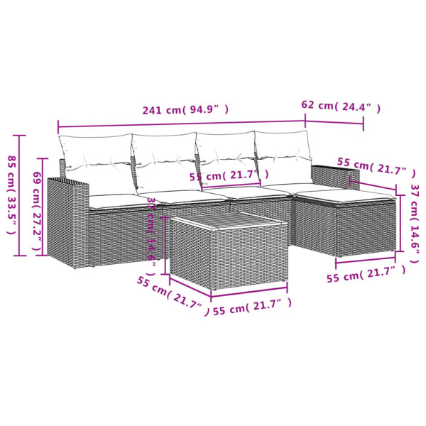 6 pcs conjunto sofás de jardim com almofadões vime cinzento M 3