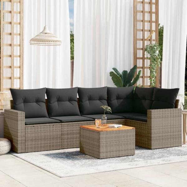 6 pcs conjunto sofás de jardim com almofadões vime cinzento D