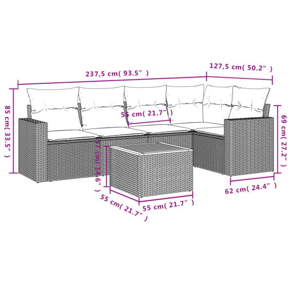 Set de muebles de jardín 6 pzas y cojines ratán sintético gris M 3