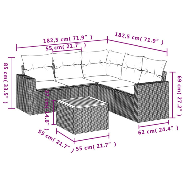 Set de muebles de jardín 6 pzas y cojines ratán sintético gris M 3