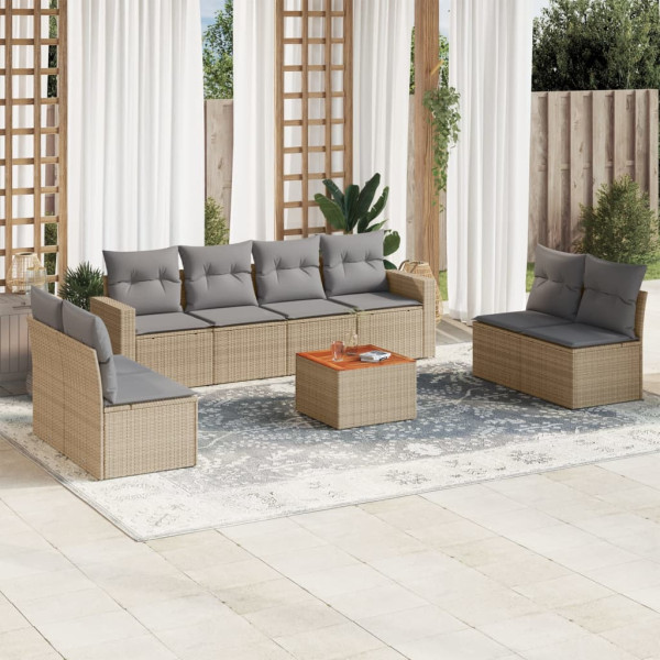 Set de sofás de jardín 9 pzas con cojines ratán sintético beige D