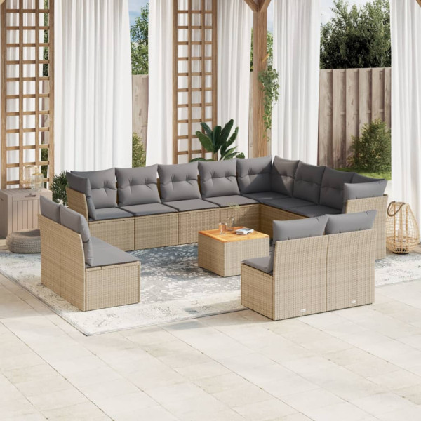 Set sofás de jardín con cojines 13 pzas ratán sintético beige D