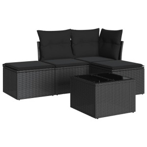 5 pcs conjunto sofás de jardim com almofadões vime PE preto H