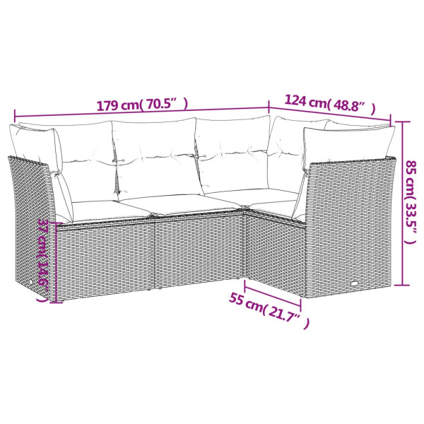 4 pcs conjunto de sofás para jardim c/ almofadões vime PE bege M 3