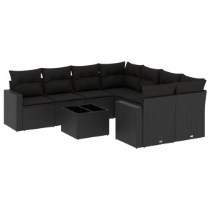 9 pcs conjunto de sofás p/ jardim c/ almofadões vime PE preto H