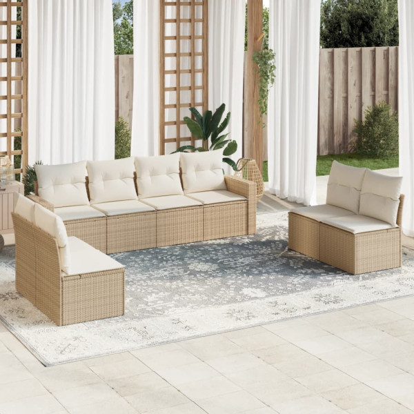 Set de sofás de jardín 9 pzas con cojines ratán sintético beige D