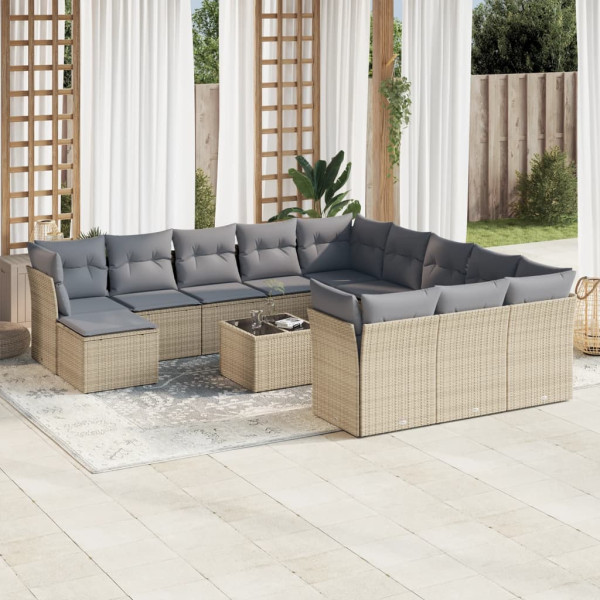 Set sofás de jardín con cojines 13 pzas ratán sintético beige D