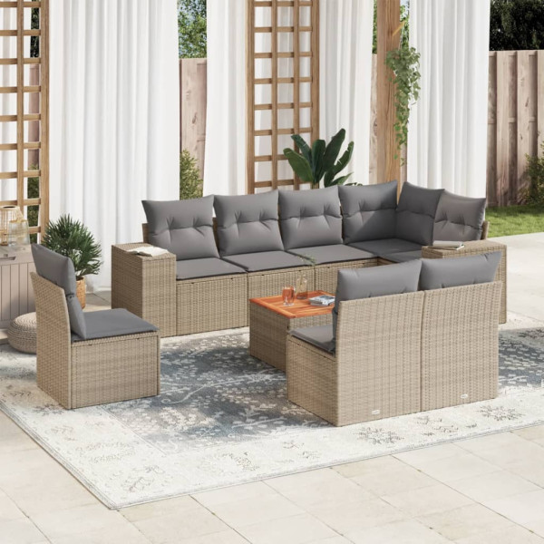 Set de sofás de jardín 9 pzas con cojines ratán sintético beige D