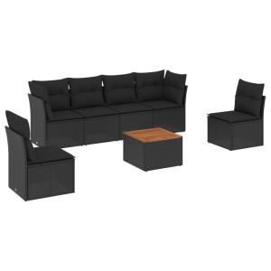 7 pcs conjunto de sofás p/ jardim c/ almofadões vime PE preto H