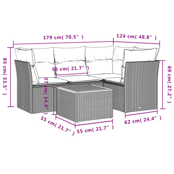 Set de muebles de jardín 5 pzas y cojines ratán sintético negro M 3