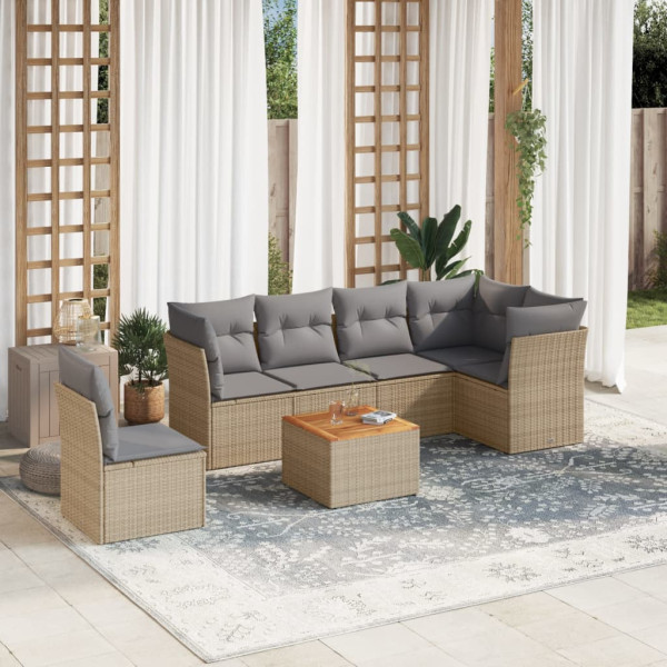 Set sofás de jardín 7 piezas y cojines ratán sintético beige D