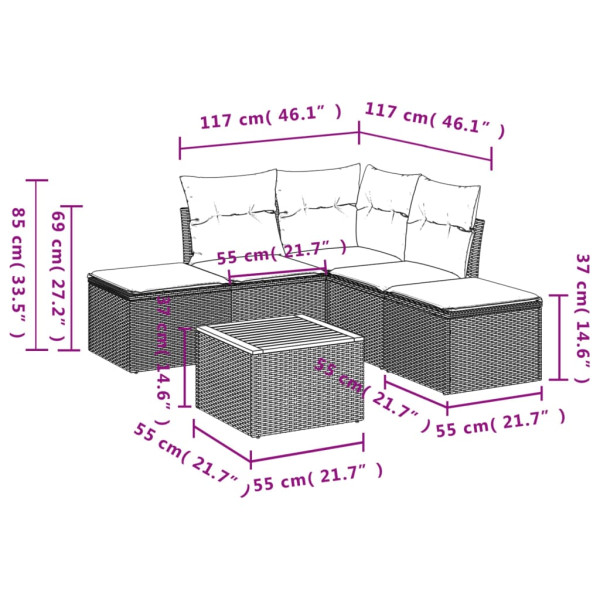 Set de muebles de jardín 6 pzas y cojines ratán sintético gris M 3