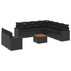 10 pcs conjunto sofás de jardim c/ almofadões vime PE preto H