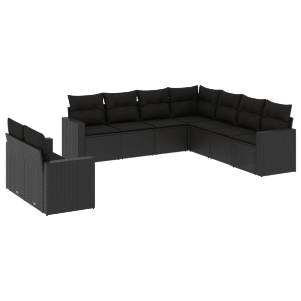 9 pcs conjunto de sofás p/ jardim c/ almofadões vime PE preto M 2