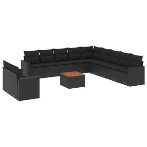 12 pcs conjunto de sofás de jardim c/ almofadões vime PE preto H