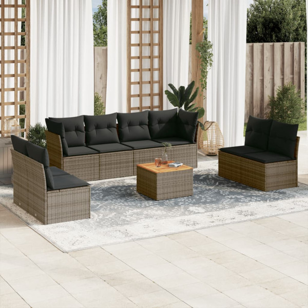 Set de muebles de jardín 9 pzas y cojines ratán sintético gris D