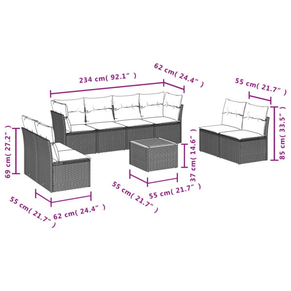 9 pcs conjunto sofás p/ jardim com almofadões vime PE cinzento M 3