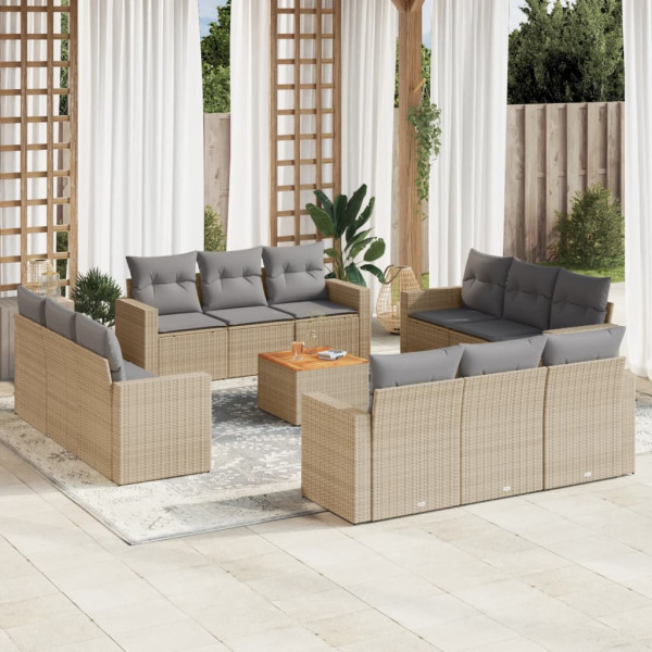 Set sofás de jardín con cojines 13 pzas ratán sintético beige D