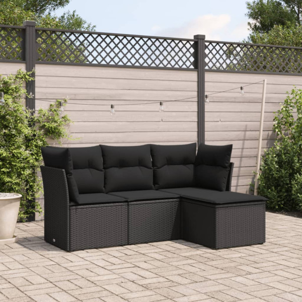 4 pcs conjunto de sofás para jardim c/ almofadões vime PE preto D
