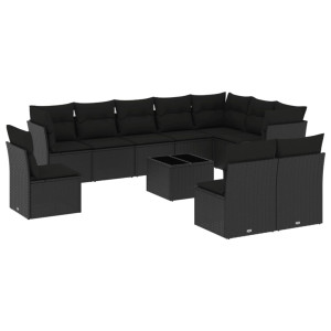 11 pcs conjunto sofás de jardim c/ almofadões vime PE preto H